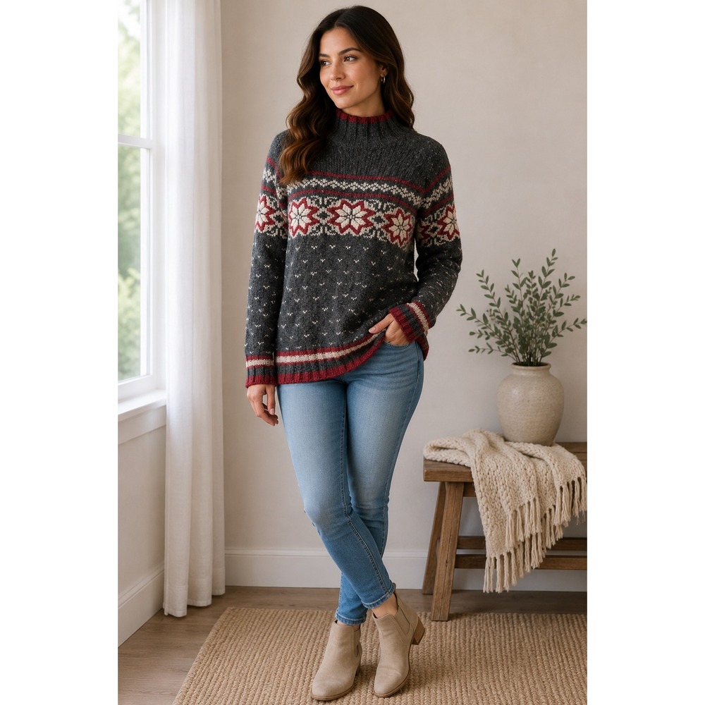 Casual Corner Vintage Nordic Fair Isle Wool Blend Mock Neck Sweater Gray XL